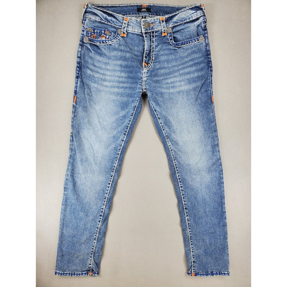 True Religion Rocco Relaxed Skinny Jeans 34x32 Blue Thick Stitch Stretch Denim